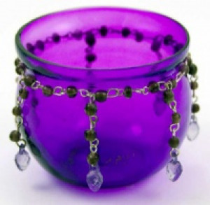  T-Light Holder Purple Glass Cup And Metal Beads H6cm Cleopatra 98923 -  