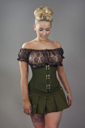  Candy c-lock steel boned underbust corset in olive green twill /  - 