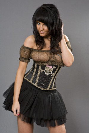  Candy underbust corset black satin & leopard skull and bones - 