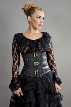  C-Lock underbust steampunk corset in black scroll brocade - 