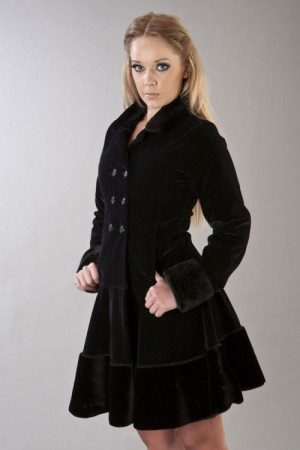  Dark women's coat in black velvet flock and black fur - 