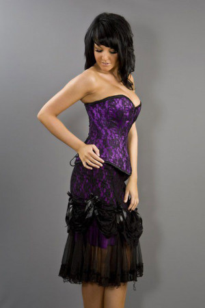  Devine overbust lace up corset in purple satin and black lace overlay - 