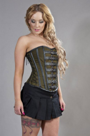  Dominatrix overbust steampunk corset in olive green twill & black matte /  - 