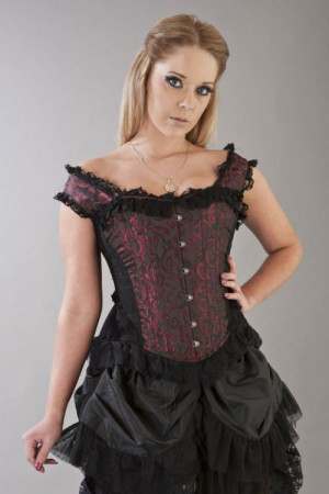  Duchess overbust corset with straps in red scroll brocade - 