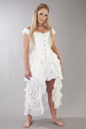 Duchess overbust corset with straps in white scroll brocade - 