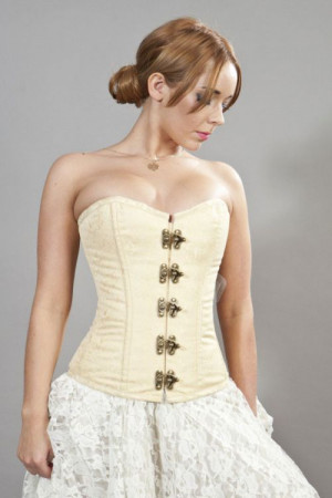  Elegant c-lock steel boned overbust corset in cream brocade - 