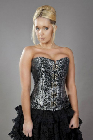  Elegant c-lock steel boned overbust corset in silver king brocade - 