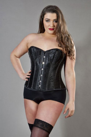  Elegant overbust plus size corset in black satin & black lace overlay - 