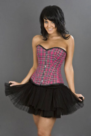  Elegant overbust steel boned corset in pink tartan - 