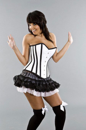  Elegant overbust waist training corset in white & black satin /   - 
