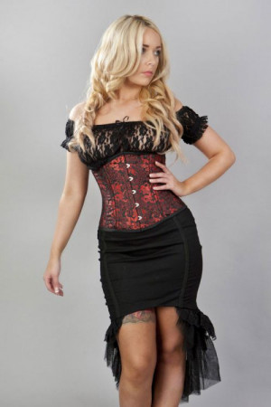  Elegance double steel boned underbust corset in black satin & red dragon - 