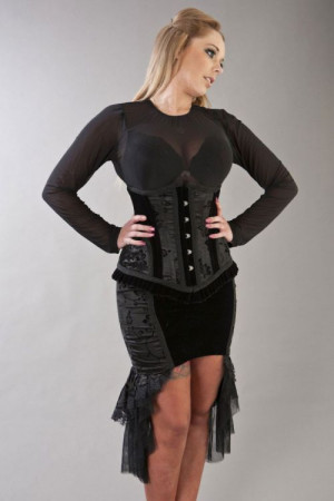  Emily victorian gothic midi skirt in black satin flock & velvet panels - 