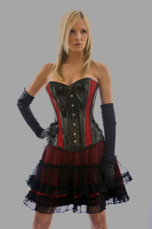  Fetish overbust steel boned corset in black PVC & red satin panels /  - 
