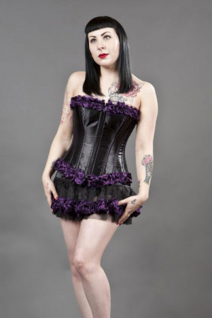  Glamour overbust zip up corset in black satin and purple rose - 