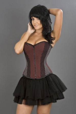  Glamour overbust fashion corset with red striped panels - 