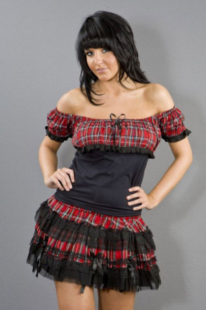  Gypsy black cotton top with red tartan print chest and sleeves - 