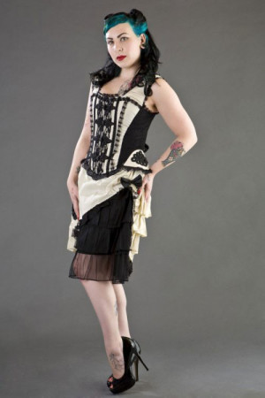  Jasmin overbust corset with straps in cream taffeta and black motif - 