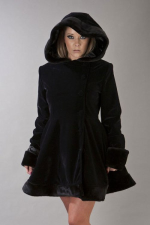 Karen ladies coat with hood in black velvet flock and black fur - 