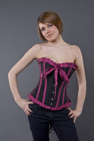  Lily overbust steel boned corset in black & magenta taffeta - 