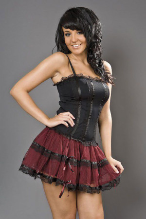  Lingerie mini dress in black cotton and burgundy mesh - 