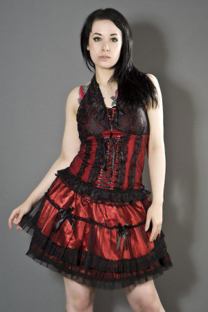  Lolita burlesque mini skirt in red satin & black mesh overlay - 