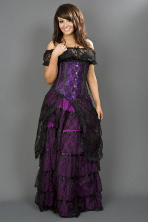  Long line underbust steel boned corset in purple satin & black lace overlay - 