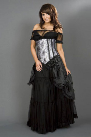  Long line underbust steel boned corset in white satin & spider lace overlay - 
