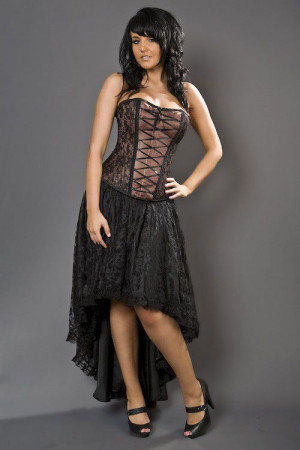  Mollflanders overbust gothic corset in brown satin & black lace overlay - 