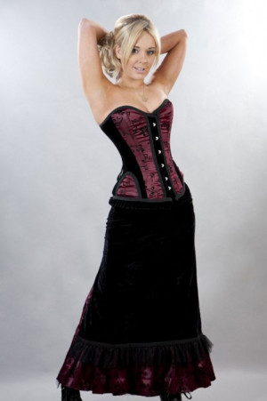  Morgana long victorian gothic skirt in burgundy satin flock - 