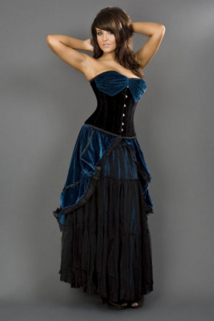  Opera overbust steel boned corset in black & turquoise velvet - 
