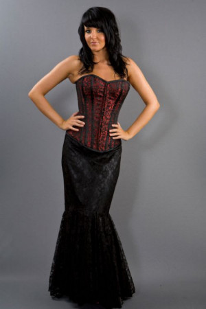  Panel long mermaid style skirt in black satin and black lace overlay - 