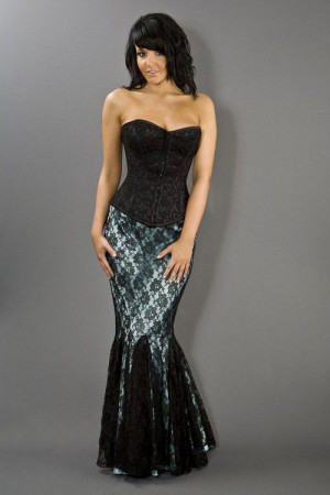  Panel mermaid skirt in turquoise satin and lace overlay - 