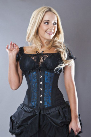  Petra long line steel boned underbust corset in turquoise scroll brocade - 