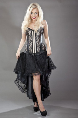  Petra zip overbust burlesque corset in gold satin & black lace overlay - 