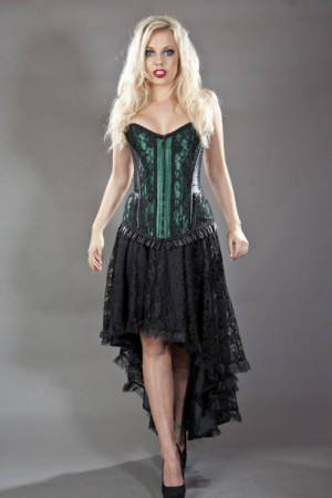  Petra zip overbust burlesque corset in green satin & black lace overlay - 