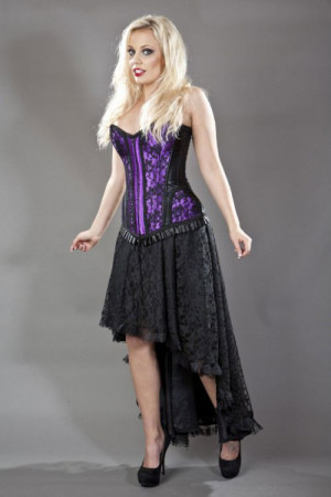  Petra zip overbust burlesque corset purple satin & black lace overlay - 