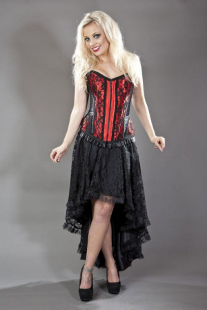 Petra zip overbust burlesque corset in red satin & black lace overlay - 