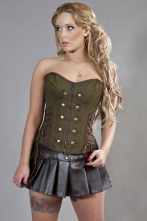  Rock overbust corset in olive green & brown twill /  /   - 