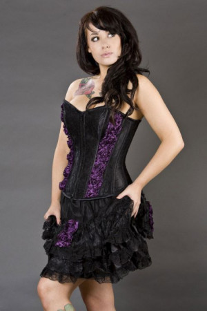 Romance overbust burlesque corset in black satin and purple rose - 
