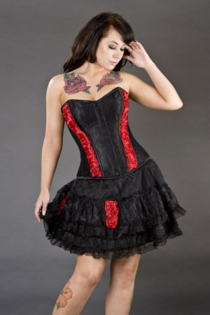  Romance overbust burlesque corset in black satin and red rose - 