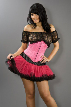  Sexy waspie hook and eye underbust corset in neon pink satin - 