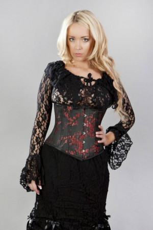  Sophisticated spiral steel boned underbust corset in black & red petals - 