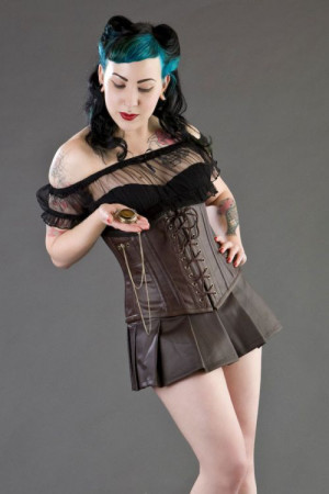  Steampunk underbust corset with pocket watch in brown matte vinyl - 
