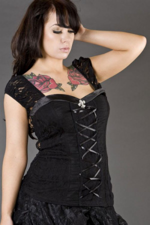 Топ Suzie gothic top in black cotton with black lace overlay - Изображение