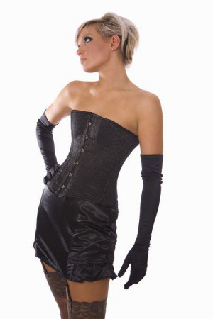  Traditional overbust straight cut corset in black brocade - 