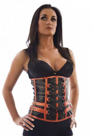  Trinity underbust corset in black PVC with red matte vinyl piping - 