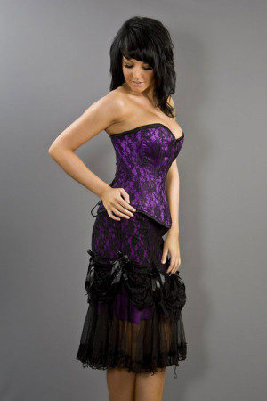  Vanity knee length Burlesque skirt in purple cotton & black lace overlay - 
