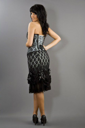  Vanity knee length burlesque skirt in silver cotton & black lace overlay - 