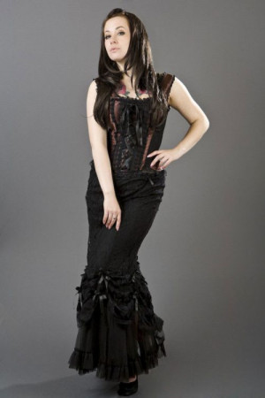  Vanity victorian goth maxi skirt in black cotton & black lace overlay - 