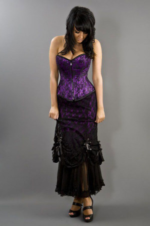  Vanity victorian gothic maxi skirt in purple cotton & black lace overlay - 